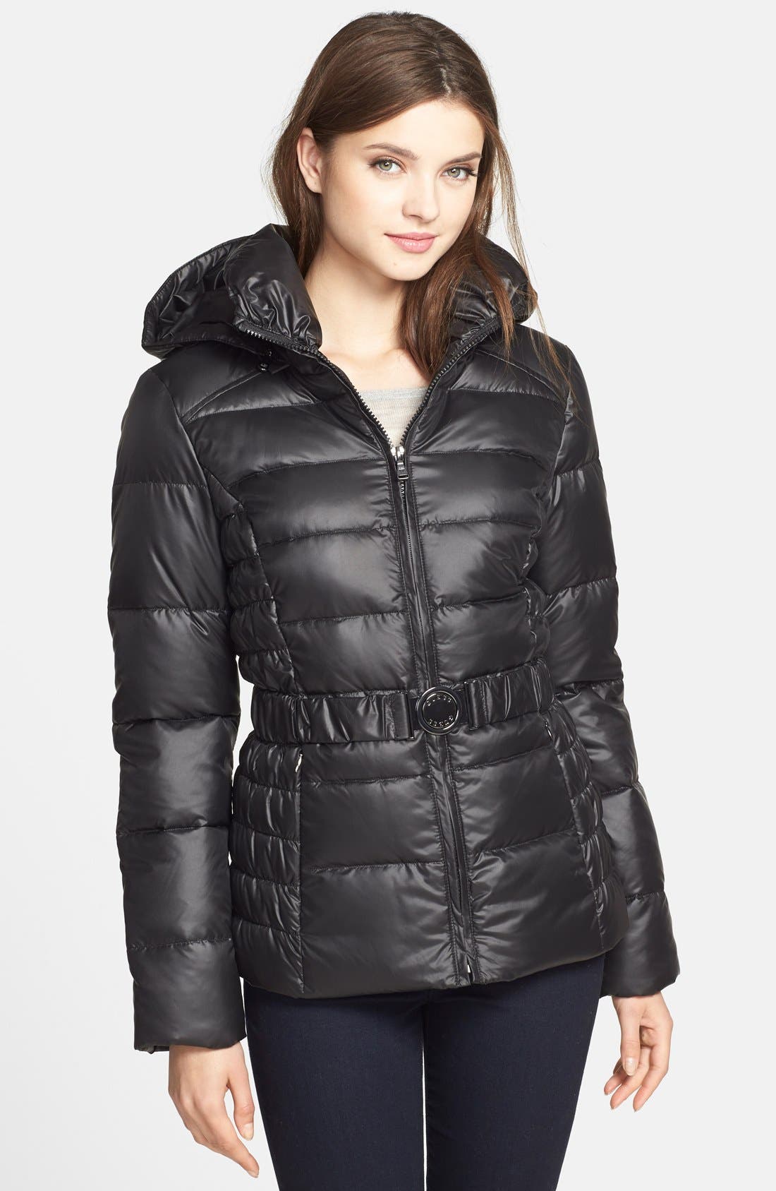 GUESS Belted Quilted Jacket with Removable Hood Only) Nordstrom