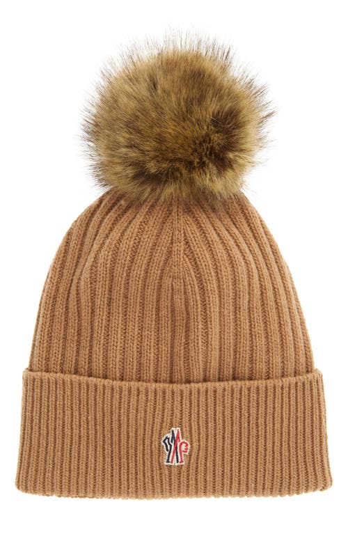 Moncler Grenoble Cashmere & Wool Rib Beanie with Faux Fur Pompom in Khaki at Nordstrom
