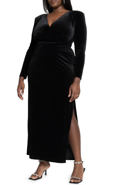 Black Velvet Maxi - Mesh Sleeves Dress - Velvet Column Maxi Dress