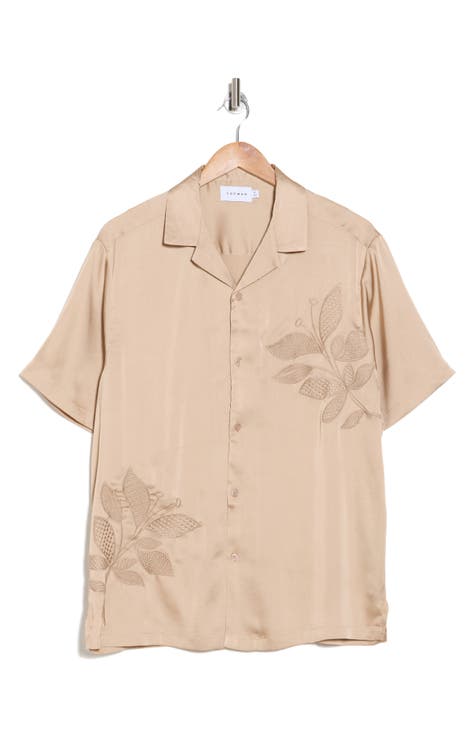 Embroidered Satin Button-Up Shirt