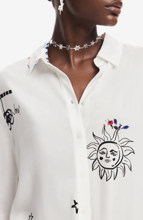 Shop Desigual Tokio Sketch Print Button-up Shirt In White