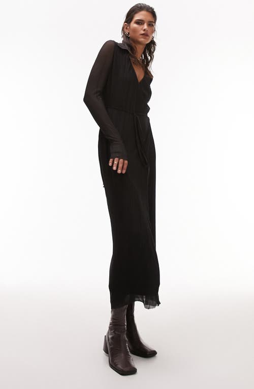 Long Sleeve Plissé Midi Wrap Dress in Black