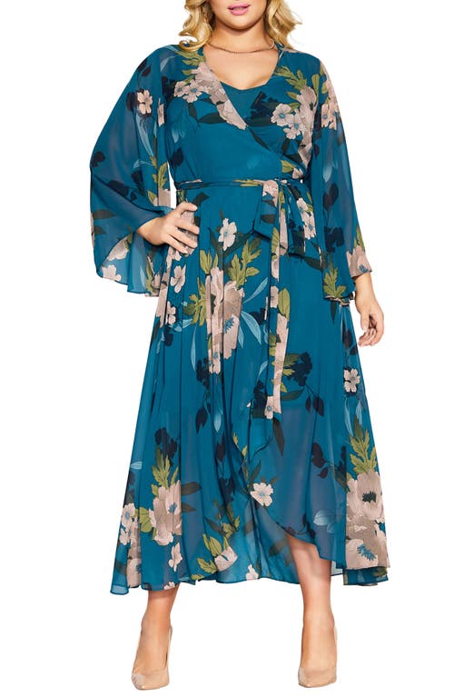 City Chic Eleanor Floral Long Sleeve Maxi Wrap Dress in Teal Bold Bloom