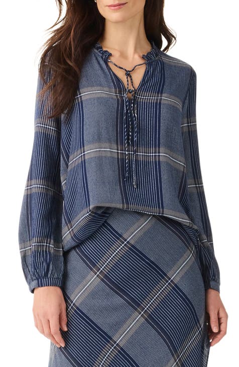 MICHAEL STARS Women's Blue/Green Plaid Three Quarter Sleeve Split order Neck Top sz XS