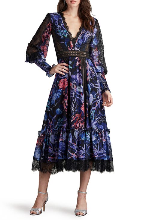 Print Lace Trim Long Sleeve Midi Dress