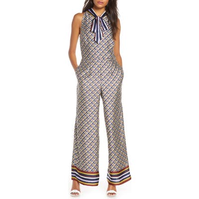 Julia Jordan Tie Neck Wide Leg Jumpsuit, Blue