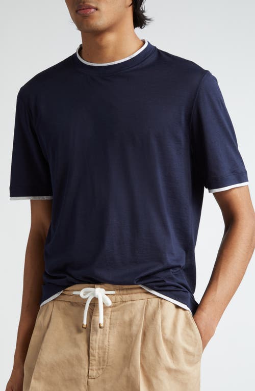 Shop Brunello Cucinelli Tipped Silk & Cotton T-shirt In Cw770 Cobalto/perla