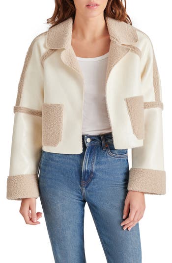 Bb Dakota By Steve Madden Faux Shearling Trim Faux Leather Jacket In Cream