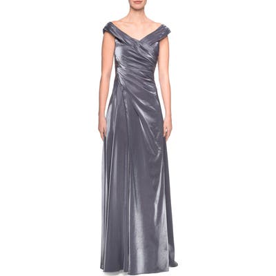 La Femme Ruched Satin Evening Dress, Grey