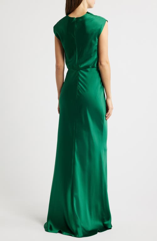 Amsale High Cowl Neck Satin Gown In Emerald