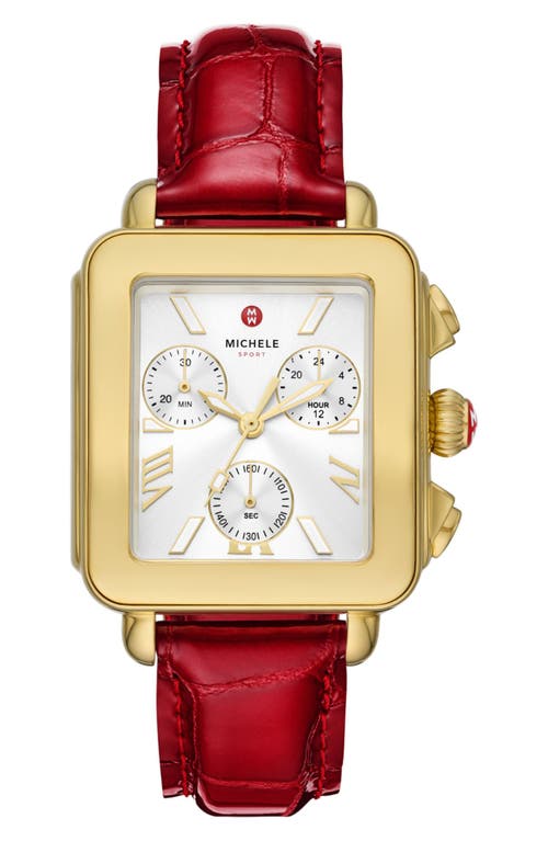 Michele Deco Sport Chronograph Leather Strap Watch, 34mm X 36mm In Red/gold