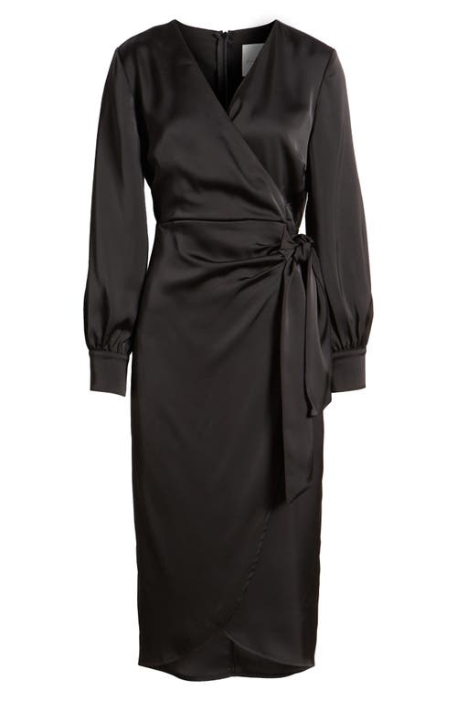 Shop Sam Edelman Fluid Long Sleeve Satin Faux Wrap Midi Dress In Black