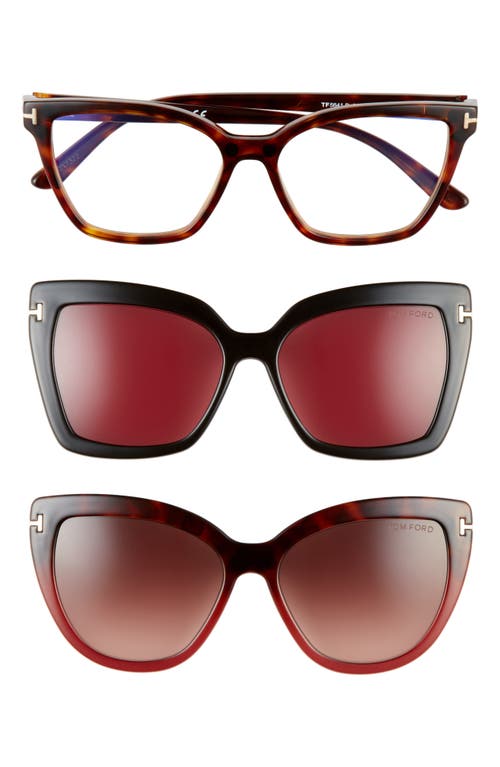 TOM FORD 53mm Blue Light Blocking Cat Eye Glasses & Interchangeable Sunglasses Clips Set in Red Havana/Clear at Nordstrom
