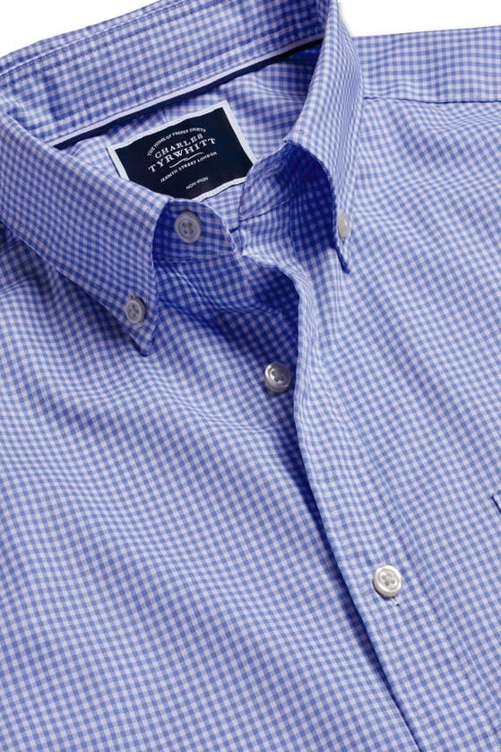 Shop Charles Tyrwhitt Slim Fit Button-down Collar Non-iron Stretch Mini Gingham Short Sleeve Shirt In Ocean Blue