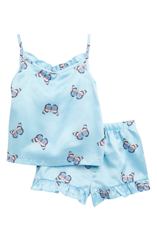 Shop Nordstrom Kids' Ruffle Satin Shorts Pajamas In Blue Sugar Butterflies