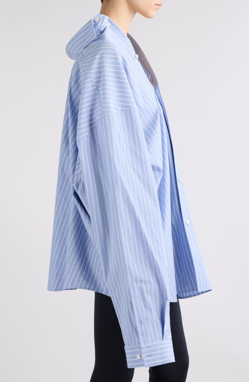 Shop Balenciaga Asymmetric Oversize Stripe Button-up Shirt In Sky Blue/white