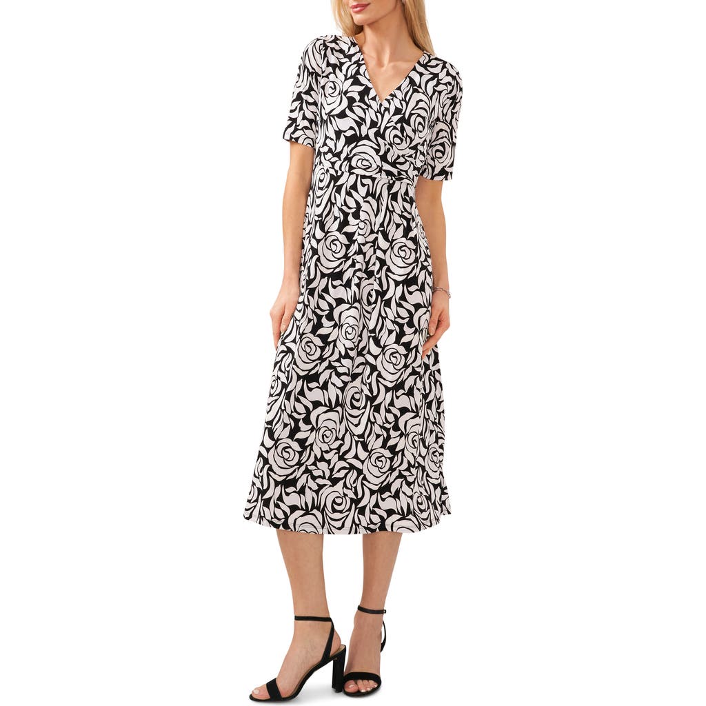 CHAUS CHAUS PRINT FAUX WRAP MIDI DRESS