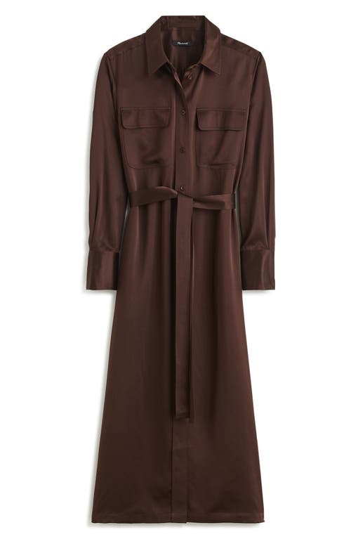 Shop Madewell Silk Belted Midi Shirtdress In Dark Carob