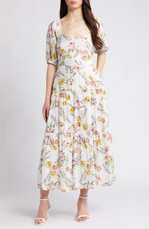 Floral Tiered Puff Sleeve Maxi Dress in White Floral