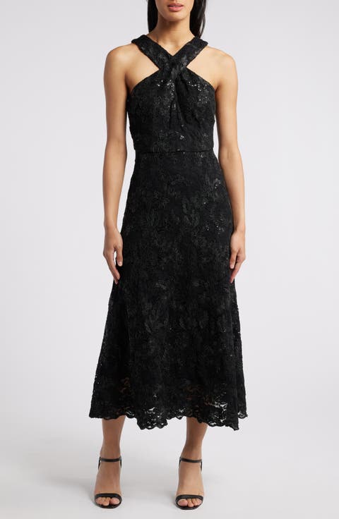 Sequin Floral Cocktail Halter Midi Dress