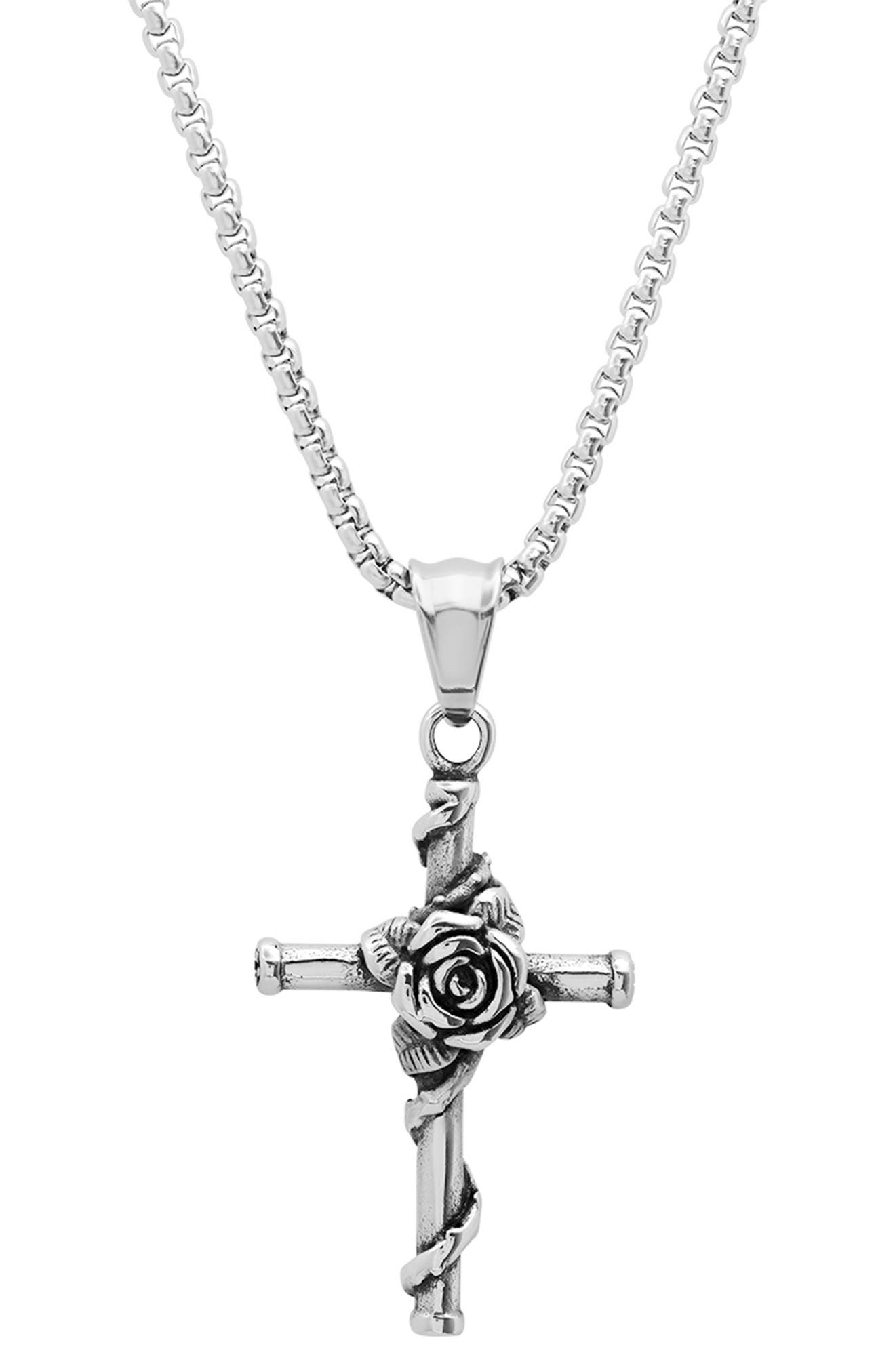 Hmy Jewelry Stainless Steel Rose Wrapped Cross Pendant Necklace In Metallic