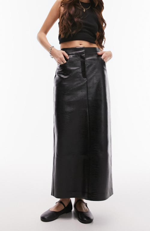 Croc Embossed Faux Leather Midi Skirt in Black