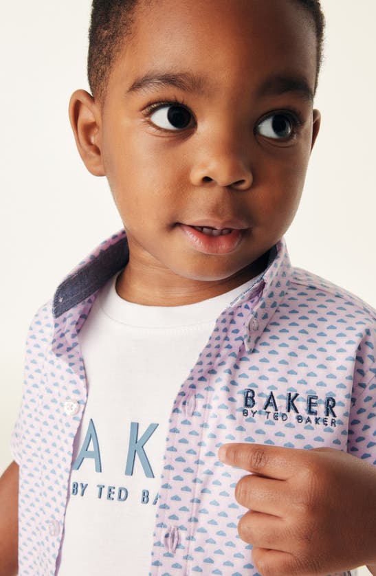 Baker By Ted Baker Kids' Cotton Graphic T-shirt & Print Short Sleeve Button-down Shirt Set In Pink