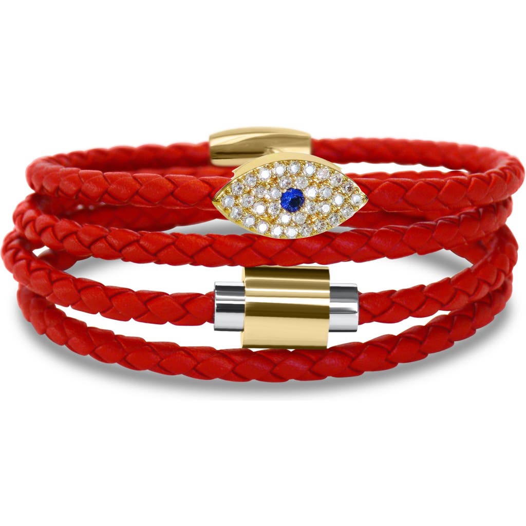 Shop Liza Schwartz Evil Eye Sapphire Stack Braided Leather Bracelet In Gold/red