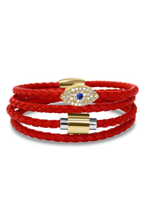 Shop Liza Schwartz Evil Eye Sapphire Stack Braided Leather Bracelet In Gold/red