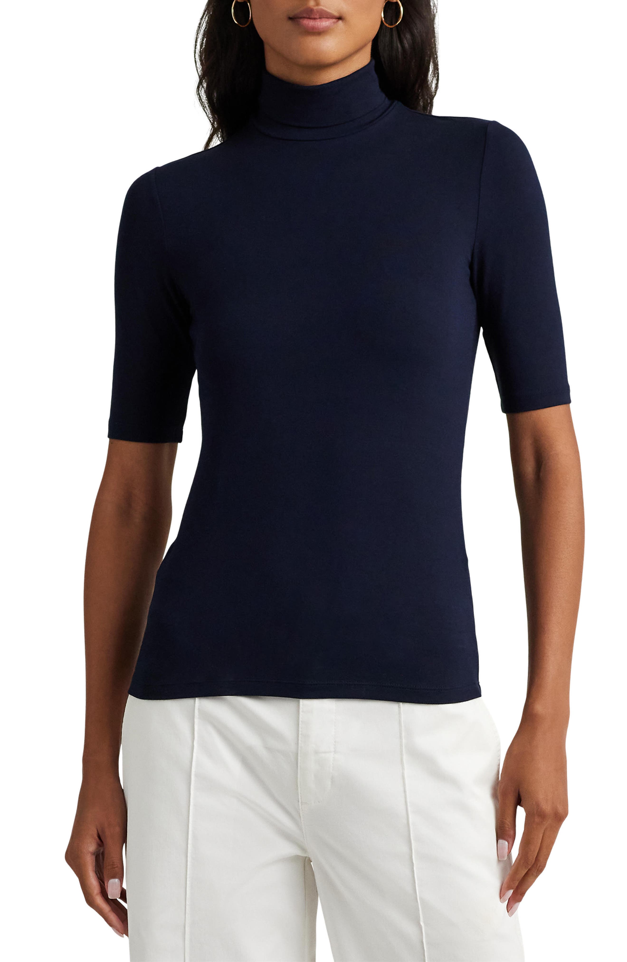 Lauren Ralph Lauren Jersey Turtleneck Top in Lauren Navy 