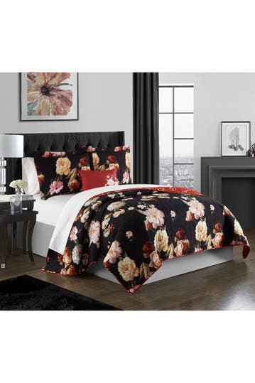 Chic Home Bedding Emeraude Floral Print With Cursive Script On The Reverse Queen Quilt Set Black 4 Piece Set Hautelook