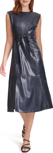 Faux Leather Sleeveless Belted Midi Dress