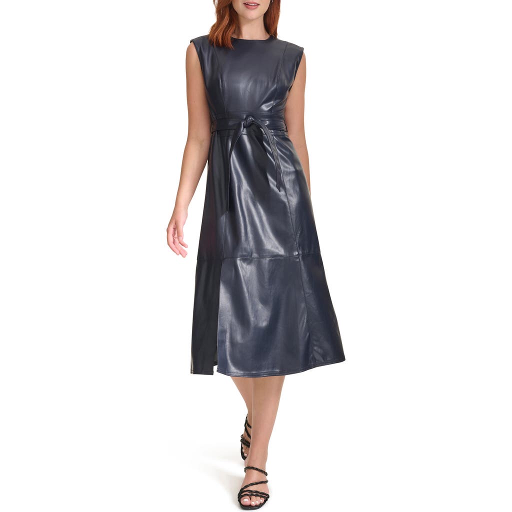 Shop Calvin Klein Faux Leather Sleeveless Belted Midi Dress In Indigo