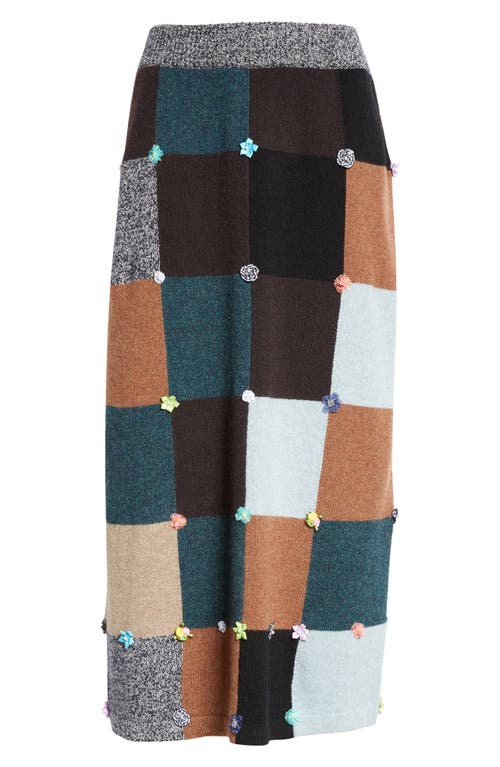 Shop Yanyan Floral Ribbon Checkerboard Knit Lambswool Skirt In Brown Multi