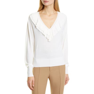 Chloe Ruffle V-Neck Merino Wool Sweater, Ivory