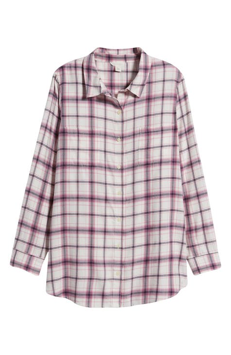 Lucky Brand Women's Oversized Distressed Plaid Shirt, Pink Plaid