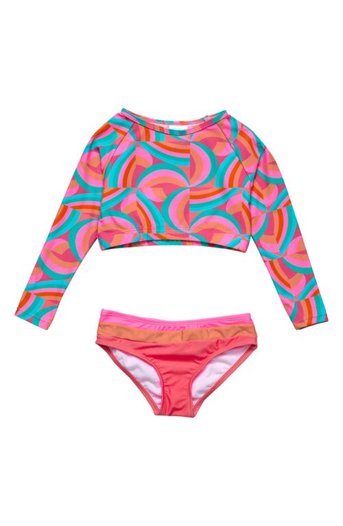 Snapper Rock Kids' Geo Melon Crop Two-Piece Rashguard Swimsuit Red at Nordstrom,