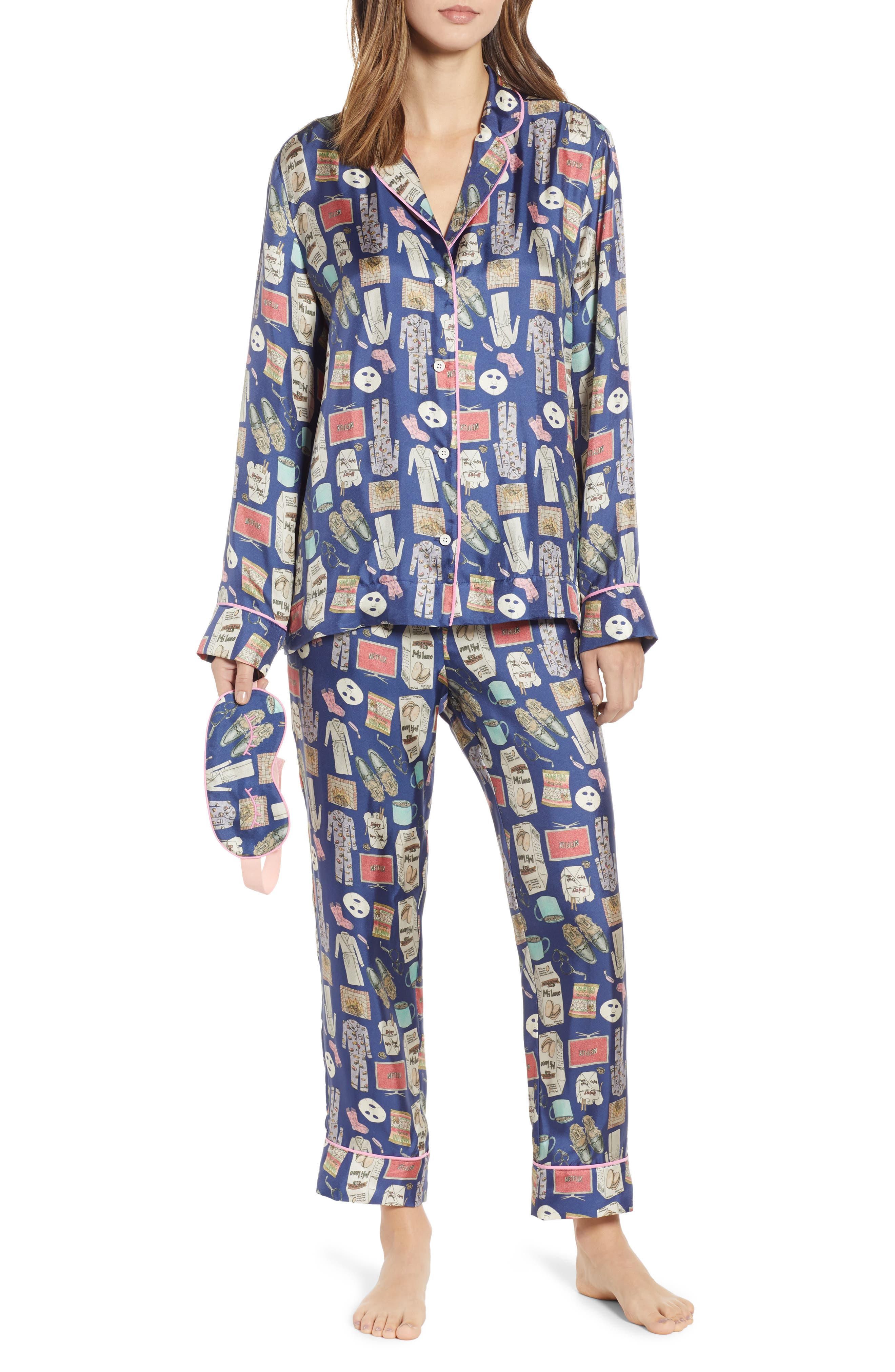 Cjw Netflix & Chill Silk Blend Pajamas & Eye Mask