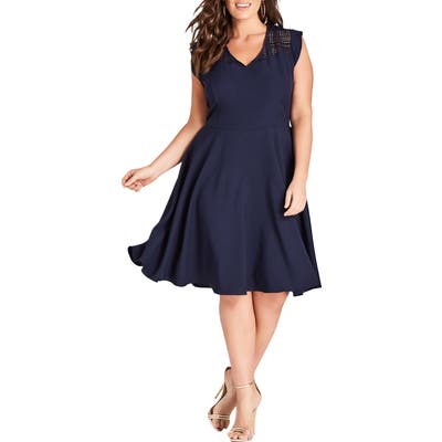 Plus Size City Chic First Place Crochet Yoke Fit & Flare Dress, Blue