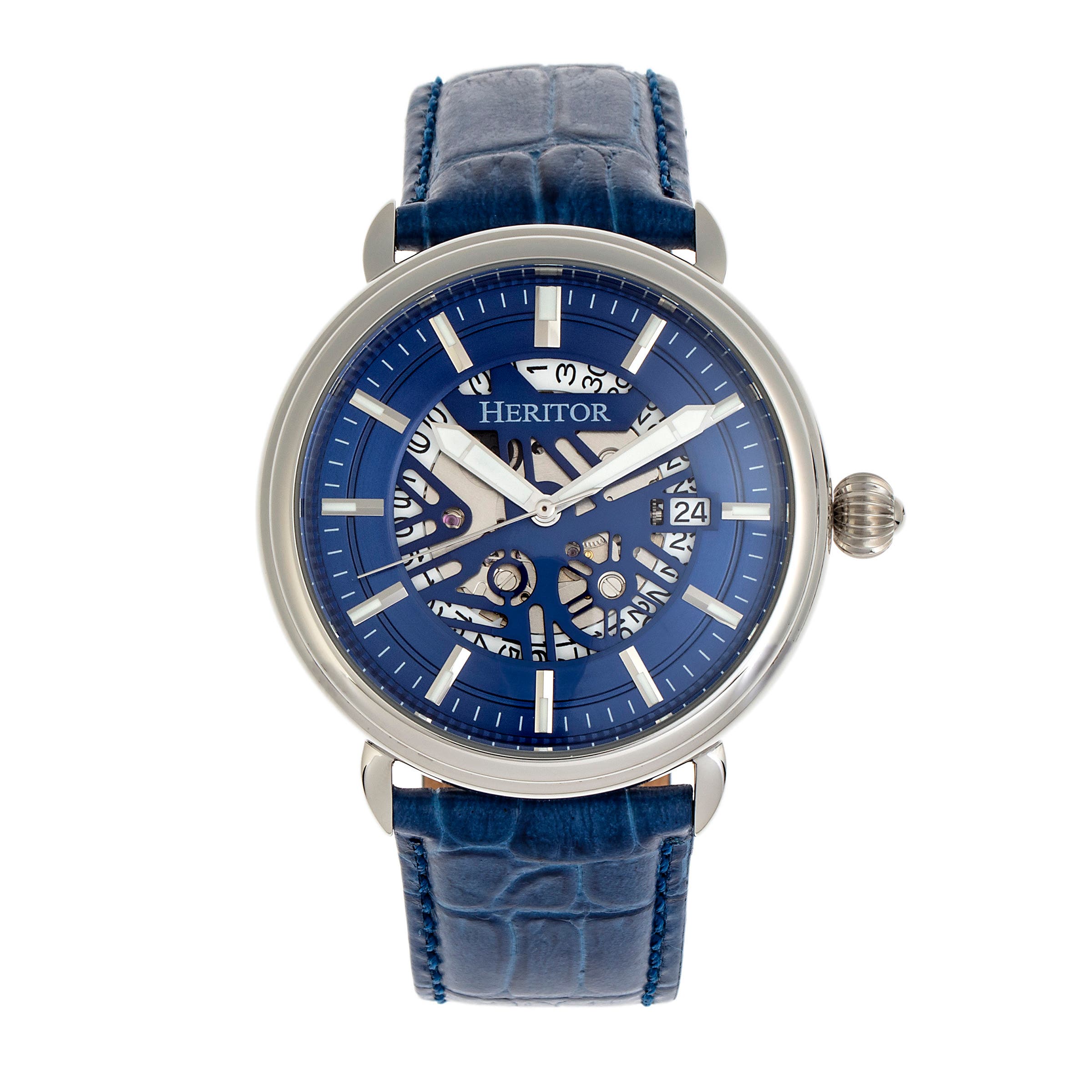 Heritor Automatic Mattias Leather-Band Watch w/Date in Silver/blue Cover