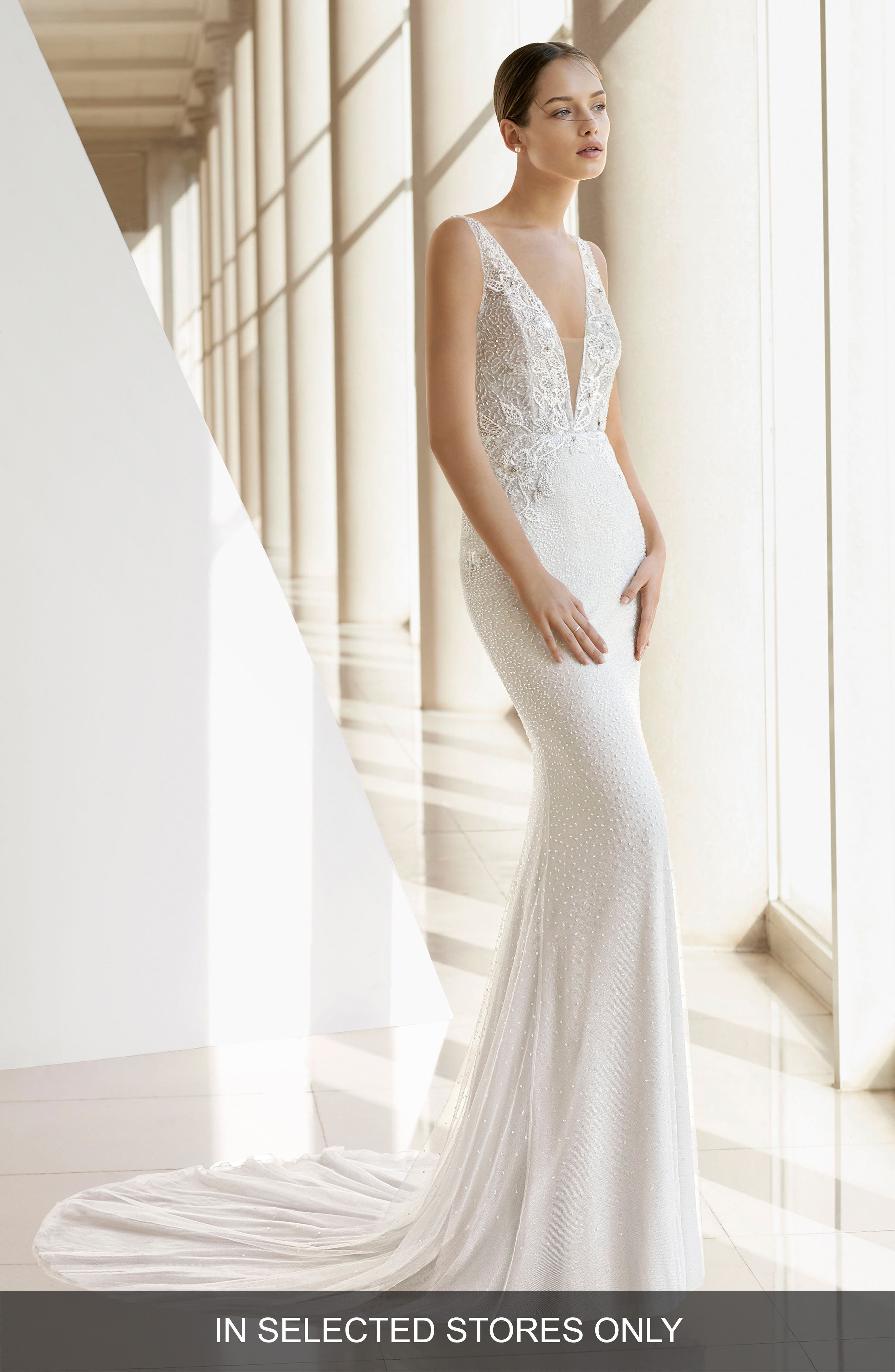 Rosa Clara Kamille Plunging V-Neck Beaded Trumpet Gown, Size IN STORE ONLY - Ivory