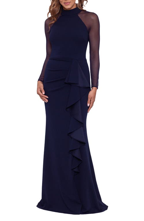Betsy & Adam Illusion Mesh Long Sleeve Scuba Column Gown Navy at Nordstrom,