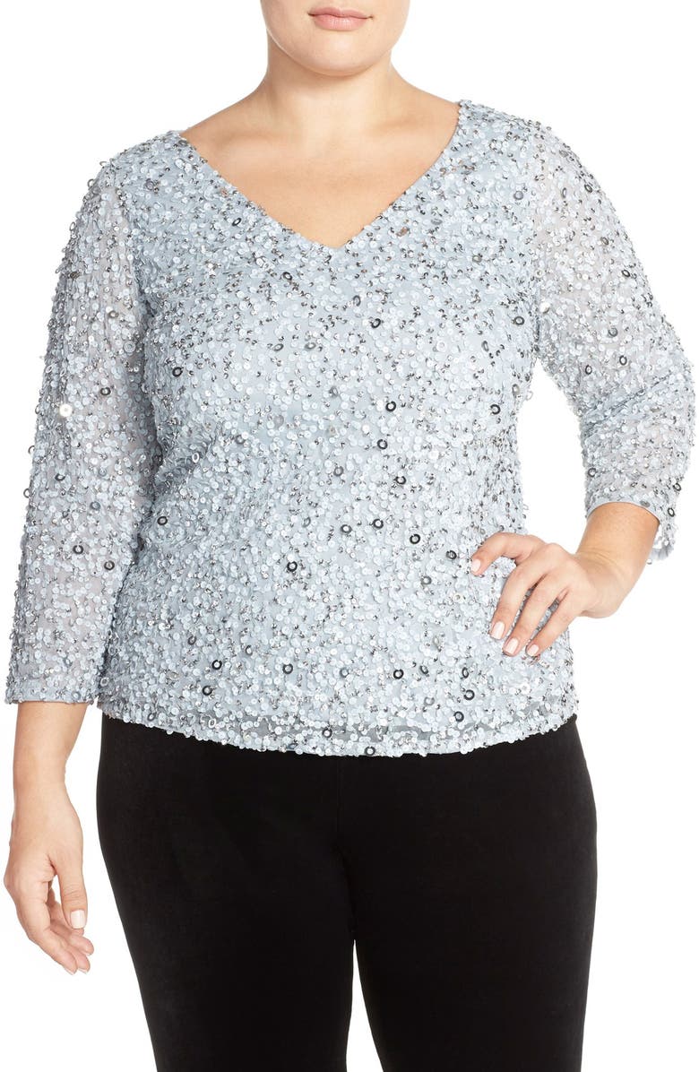 Adrianna Papell V-Neck Sequin Mesh Top (Plus Size) | Nordstrom