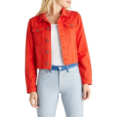 Etica Lennox Raw Hem Crop Denim Trucker Jacket, Orange