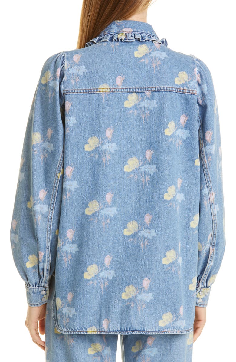 Ganni Print Indigo Frill Collar Organic Cotton Denim Shirt, Alternate, color, 