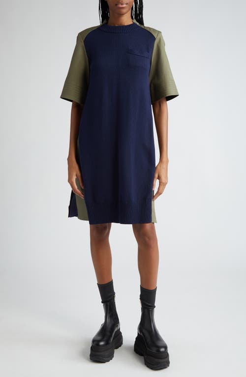 Cotton Gabardine & Sweater Knit Hybrid Dress in Navy X Khaki