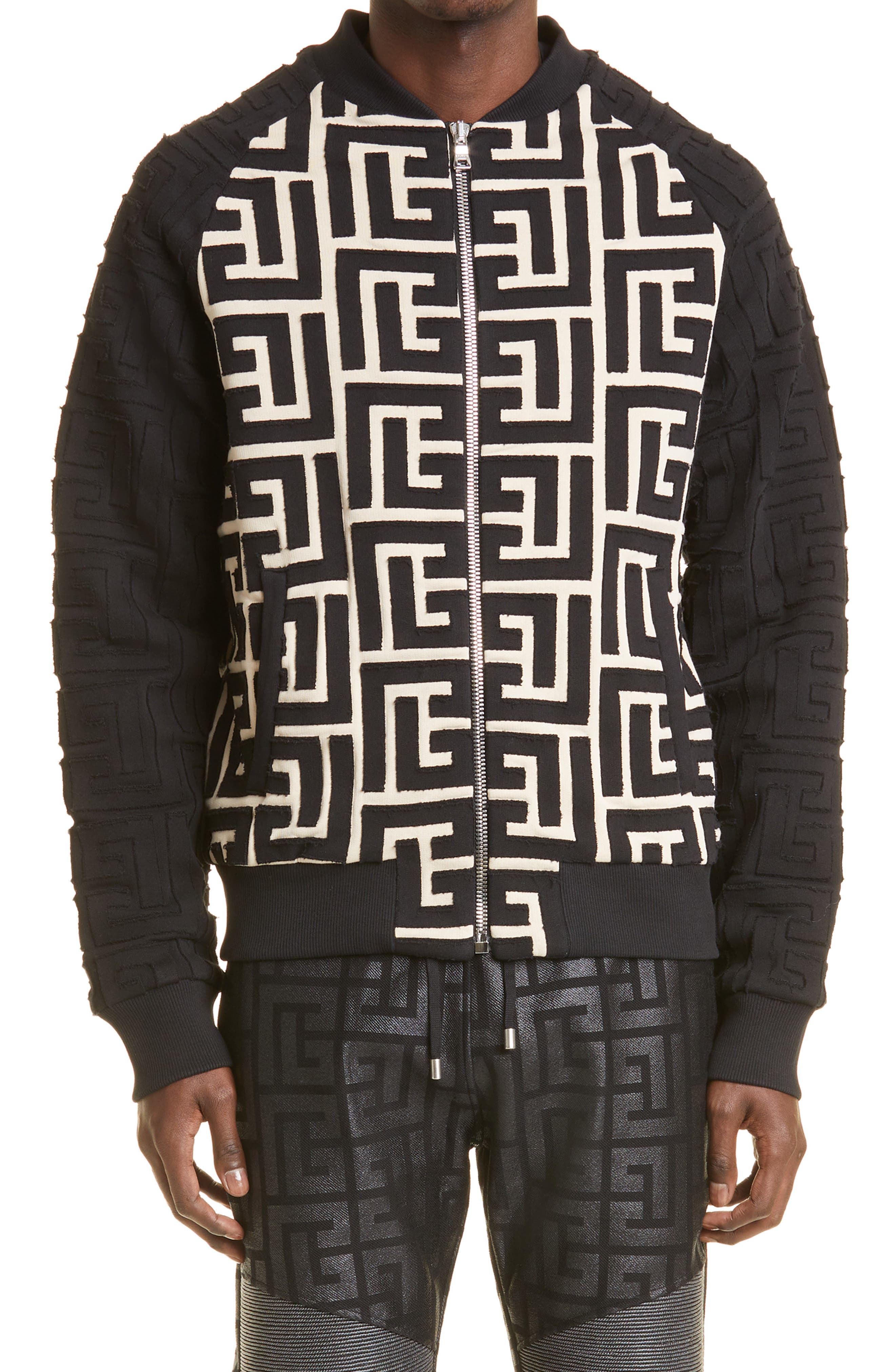 Balmain Maxi Monogram Knit Bomber Jacket in Ivory/Noir | Smart Closet