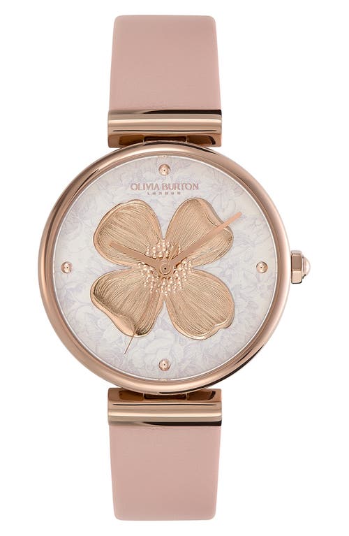 Olivia Burton Dogwood T-Bar Leather Strap Watch, 36mm in Pink/Rose Gold at Nordstrom