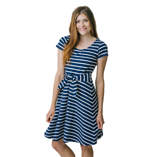 Women's Organic Cotton Tie-Waist Knit Dress in Navy With White Stripe