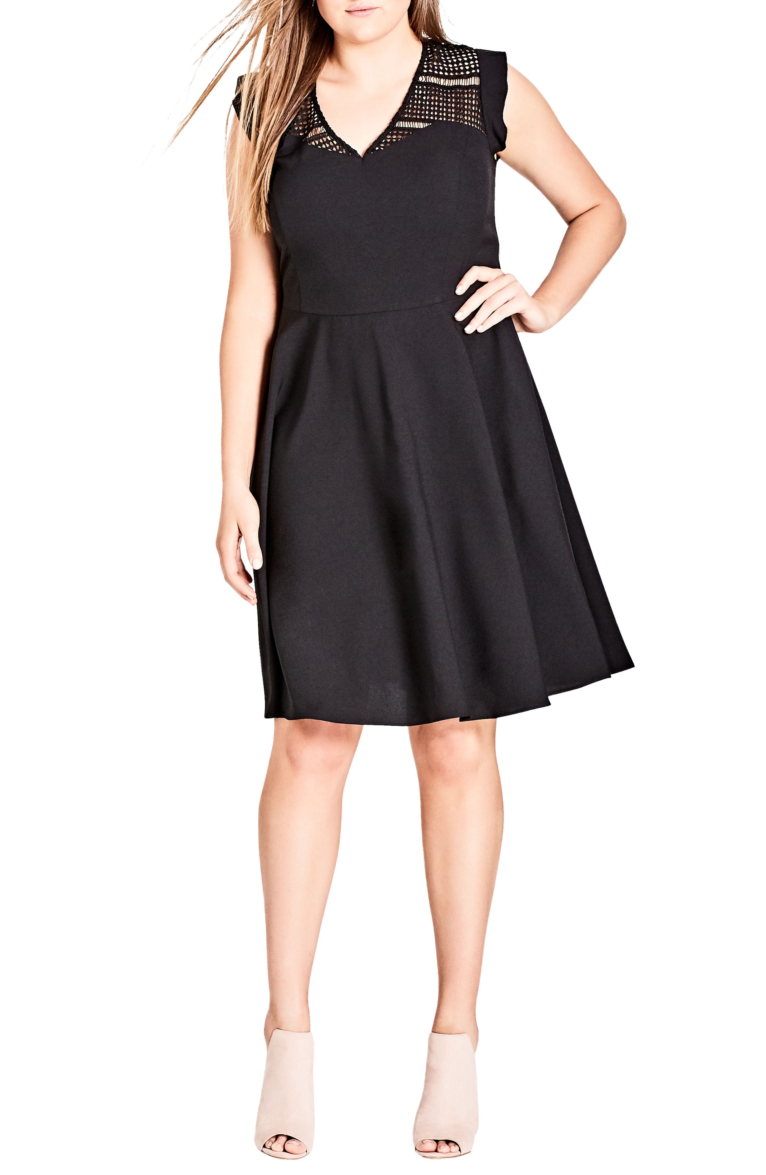 Plus Size City Chic First Place Crochet Yoke Fit & Flare Dress, Black